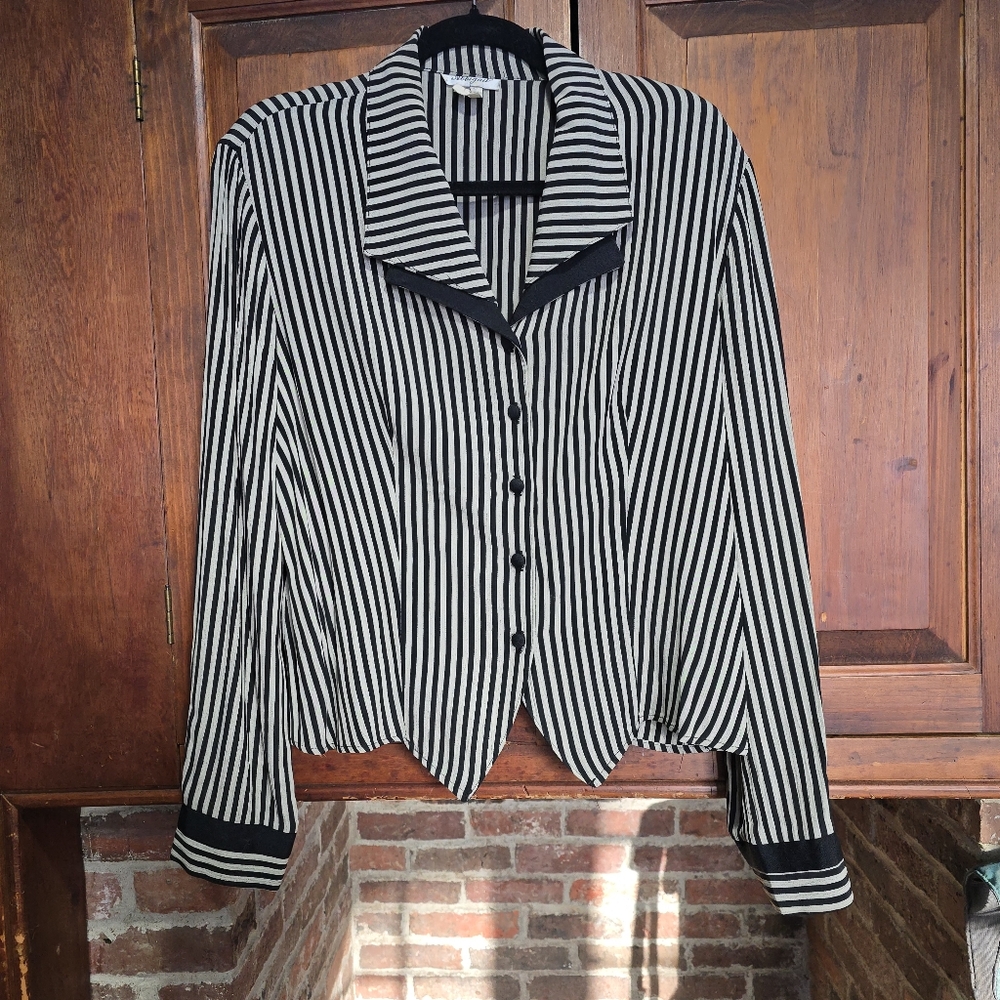 Vintage Double Collar Black Tan Striped Button Down Shirt by Abigail - Large